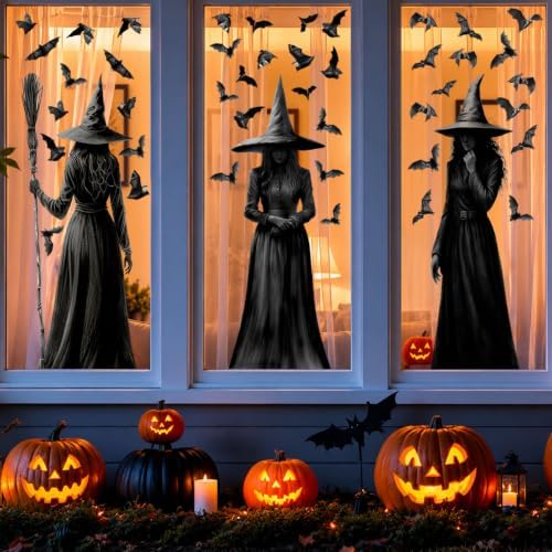 Halloween Window Clings, 3 Large Reusable Scary Witch Silhouette Window Clings & Bat Decals, Witches Silhouette Static Clings for Glass, Indoor Halloween Decorations for Home, School & Office