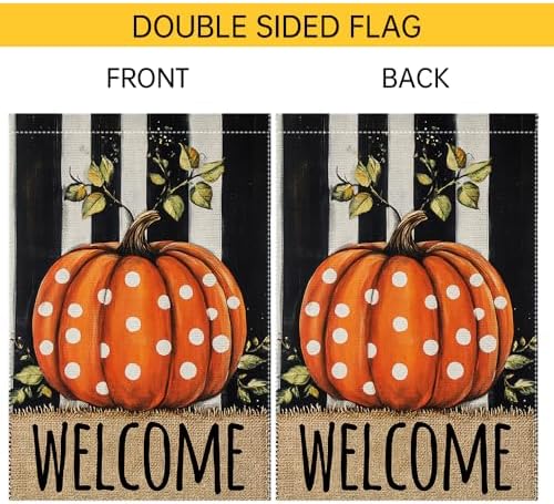 Welcome Fall Garden Flag Polka Dots Pumpkin Thanksgiving Garden Flags For Outside Burlap Decor, Double Sided Vertical Autumn Decor Patio Lawn Yard Outdoor Decoration 12x18 Inch