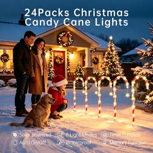 24 Pack Solar Candy Cane Lights Outdoor, Warm White Solar Christmas Lights