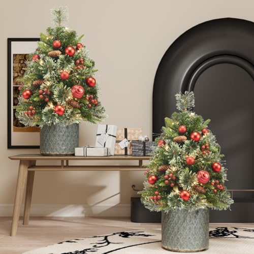 HiBean 2 Pack Outdoor Christmas Tree Urn Filler Small, 30 Inch Pre-lit Artificial Xmas Tree w/ 50 LED Lights and Realistic Carolina Pine for Pathway, Porch, Driveway, Yard (Red)