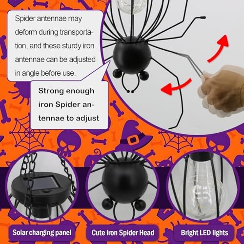 20 Inch Halloween Spider Solar Outdoor Lanterns, Metal Waterproof Hanging LED Lights for Outside Yard Garden Patio Pathway Tree.