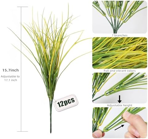 RECUTMS 12Pcs Fake Grass Plant Yellow Fake Plants Outdoor 15.7" Faux Shrubs