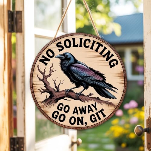 No Soliciting Wood Hanging Sign for Front Door, Crow Gifts Go On Git Door Sign