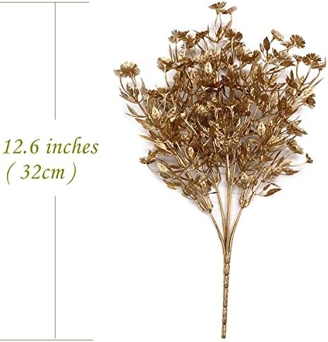 Artificial Plants for Christmas Decor, Plastic Golden Daisy leaves Faux Shrubs Simulation Flower Indoor Outdoor Home Garden Planter Filler Party Hotel Verandah Wedding DIY Decoration - Gold 2 Pack