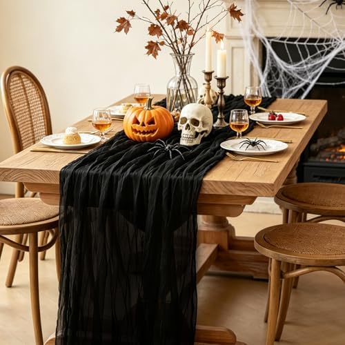 3Pcs Black Table Runner, 10FT Black Cheesecloth Halloween Table Runner 35*120inch Boho Runner for Halloween Indoor Table Kitchen Party Decorations