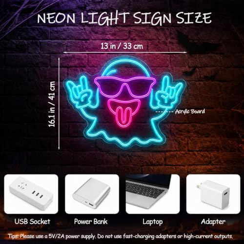 Rock Ghost Halloween Neon Sign, Dimmable LED Ghost Neon Sign for Wall Decor