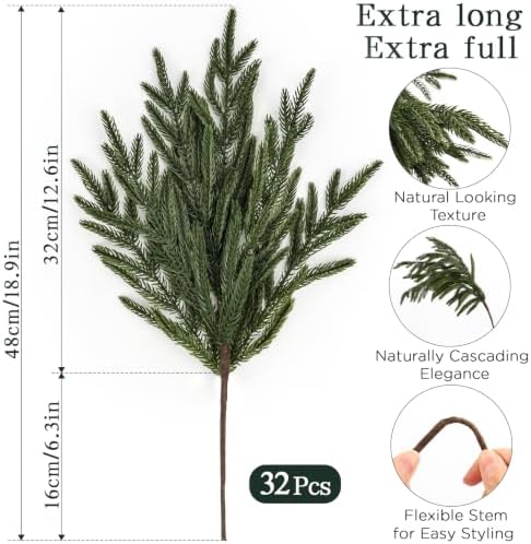 32 Pcs Christmas Norfolk Pine Stems, Real Touch Artificial Greenery Picks