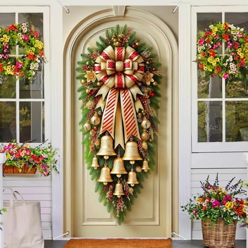BlissYard Christmas Bells Wreath Door Cover 35x71 Inch Elegant Holiday Doors Banner Festive Gold Bells Door Decorations Polyester Fabric Doors Mural Wall Hanging Traditional Xmas Decor