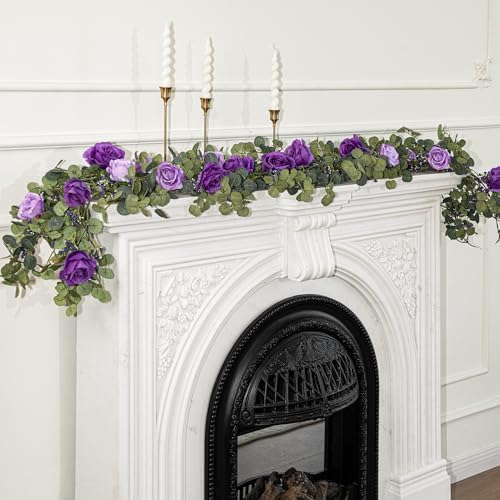 6FT Artificial Eucalyptus Flower Garland with Purple Roses & Baby's Breath