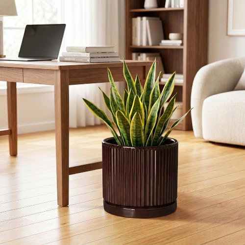 10 Inch Ceramic Plant Pots, Round Flower Pots with Saucer, Brown