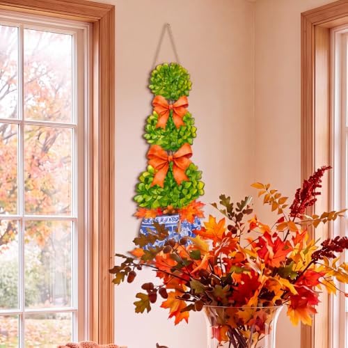 RattanView Large Size Fall Chinoiserie Pumpkin Bow Bonsai Door Hanger