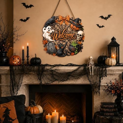 Halloween Wreath for Front Door, Wooden Welcome Sign, Black Cat and Ghost