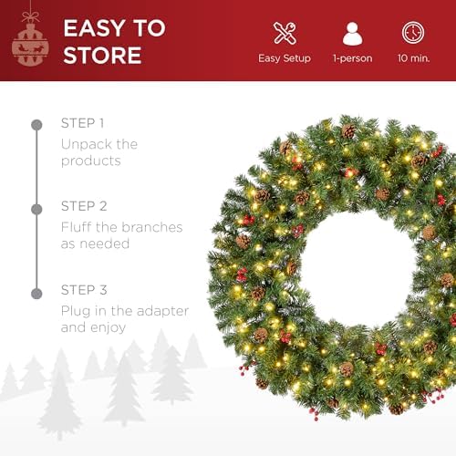 Best Choice Products 36in Pre-Lit Christmas Wreath w/Berries & Pinecones, Large Artificial Indoor/Outdoor Decor for Door, Mantel, Plug-in