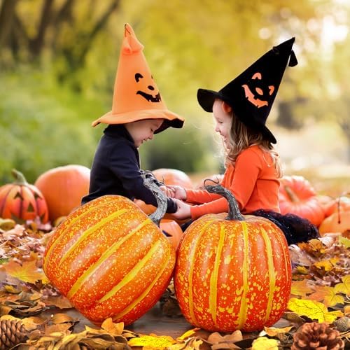 Artmag 6 Inch Large Artificial Pumpkins, 4PCS Big Orange Drawing Line Faux Foam Harvest Pumpkins for Fall Thanksgiving Holiday Decorations