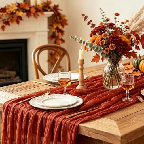 6Pcs Fall Table Runner, 10FT Thanksgiving Cheesecloth Table Runner 35*120inch Terracotta Table Runners for Fall Wedding Baby Shower Friendsgiving Thanksgivig Home Kitchen Table Decorations