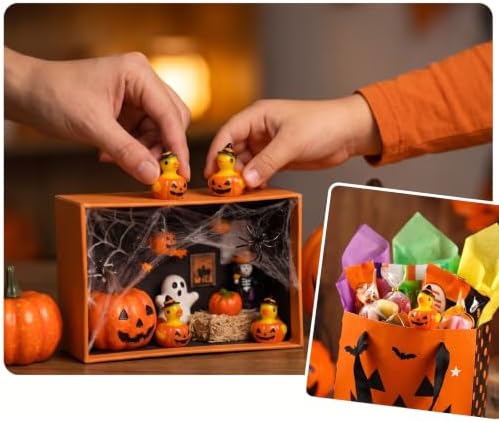 JUNEBRUSHS 50Pcs Mini Resin Ducks Halloween Tiny Pumpkin Ducks Figures