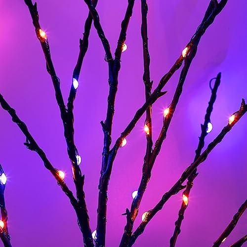 Lighted Halloween Tree Branches, 30IN 100LED Artificial Black Twig Branch with Purple&Orange Fairy Lights, Built-in Timer & Battery Operated, Waterproof for Outdoor Pathway Lawn Garden Decorations