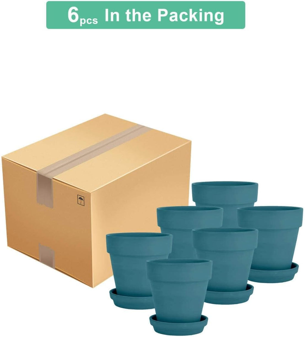 4 Inch Steel Blue Terracotta & Clay Pots with Saucer, 6 Pack | Medium Terra Cotta Planter with Drainage, Flowerpot for