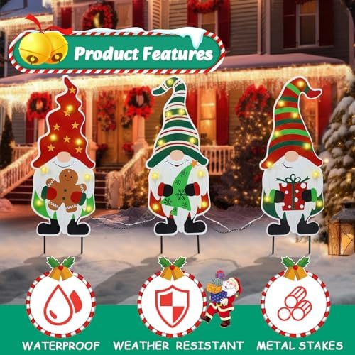 WONDER GARDEN 3 PCS Christmas Gnomes Yard Signs Stake with LED Light Decor
