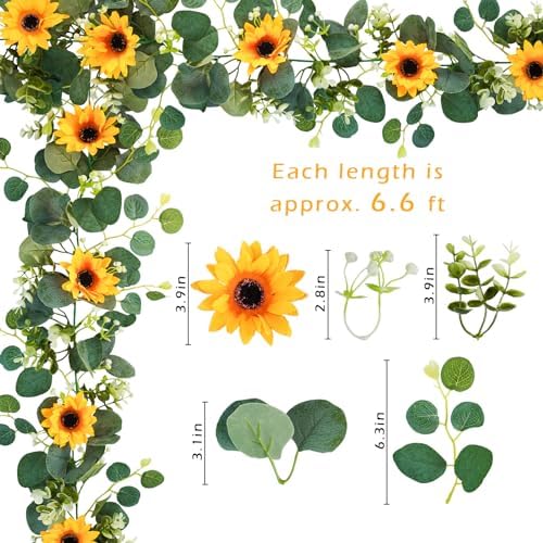 Uieke 2 Pack Artificial Sunflower Garland, 6ft/Strand Silk Sunflowers Hanging Vines Flowers Garland with Green Leaves for Room Kitchen Garden Birthday Wedding Baby Shower Party Table Decor