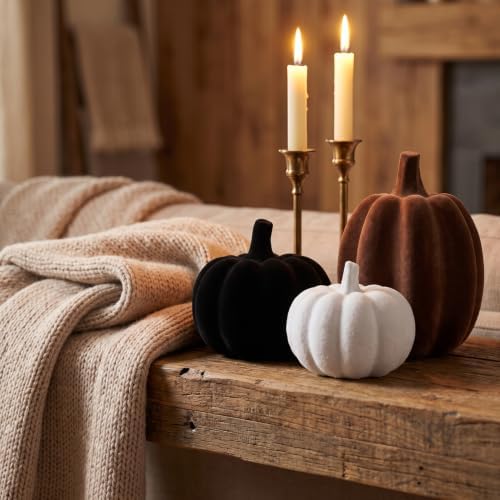 White Black Brown Flocked Pumpkins, Resin Pumpkin Modern Thanksgiving Decor