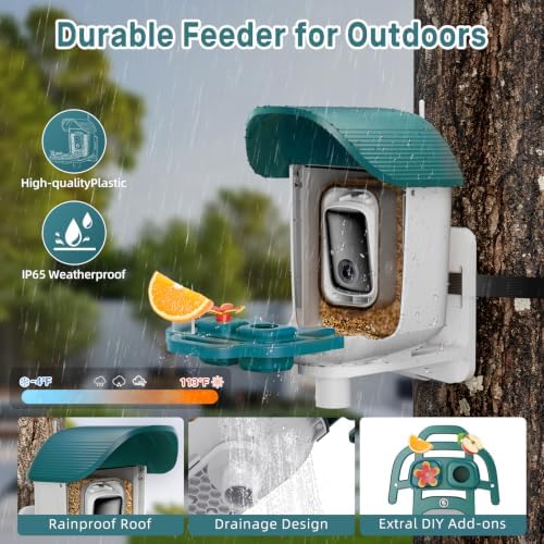 Bird Feeder with Camera Solar Powered, 2K HD Birds Feeder Camera for Outdoors, Instant Motion Detection & Alerts, AI Smart Identify Birds Species, Gifts for Mom Dad and Bird-Lovers(Cyan-Blue)
