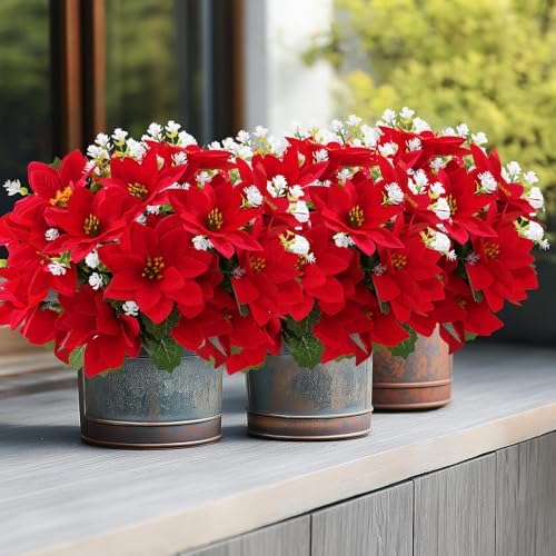 Christmas Artificial Flowers for Outdoors 12PCs Red Faux Poinsettia