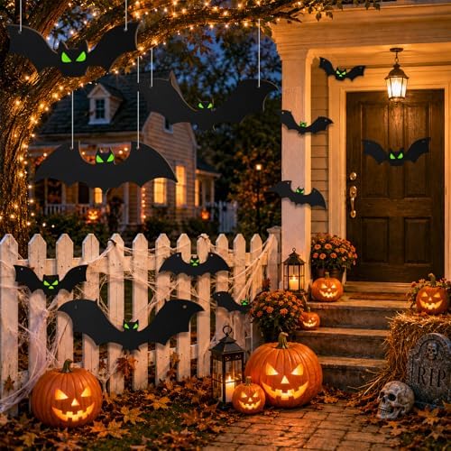 18PCS Bats Halloween Decoration with Glowing Eyes, Hang & Stick Flying Bat