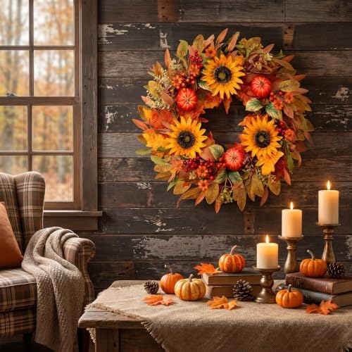zjlmit Fall Wreaths for Front Door 24 Inch Artificial Fall Wreath with Orange Pumpkins Berries Maple Leaves and Grapevine Base Autumn Sunflower Wreath for Porch Harvest Festival Thanksgiving Day Decor
