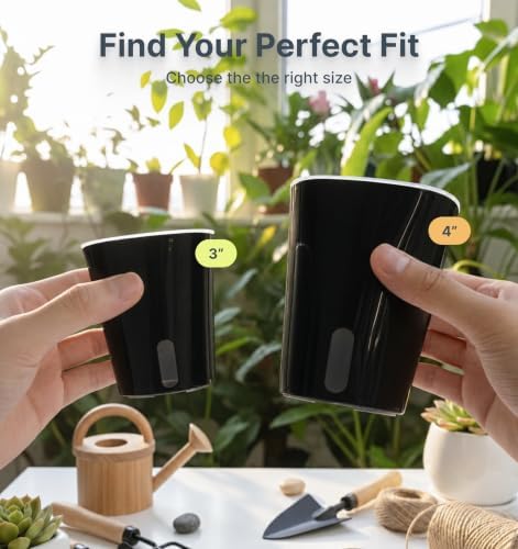 8 Pack 4" Self Watering Pots for Indoor Plants, Clear Inner Cup, Small Black Plastic Planters, Water Level Indicator, Drainage Holes, Extra 3ft Wick, Cuttings,Seedlings,Herb,African Violets
