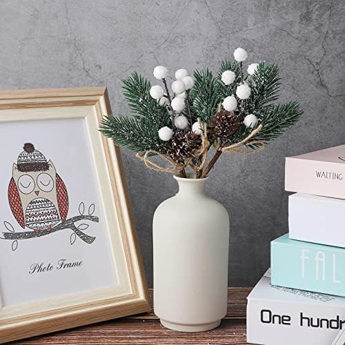 Artificial Red Berry Stems Pine Branches with Twine Bow,Christmas Pine Picks Fake Red Berry Wreath Picks, Christmas Trees Decoration Bouquets Garland Wreath Arrangements for Holiday(20 Pack/White)