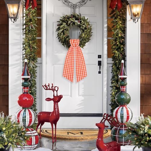 2 Pack Wreath Sash for Front Door Boxwood Wreath Sash Garland Front Door Porch Decor(White and Orange Plaid)