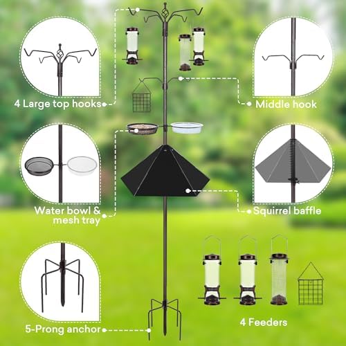 YINGYM 6-Hook Bird Feeding Station with 19" Metal Squirrel Baffle, 94 Inch