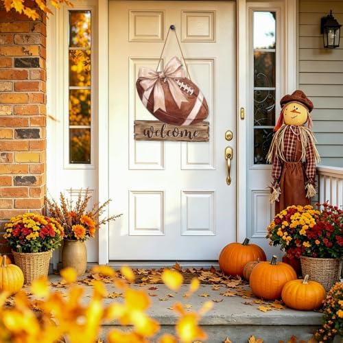 Fall Football Welcome Wreath Sign Wooden Beige Bow for Front Door