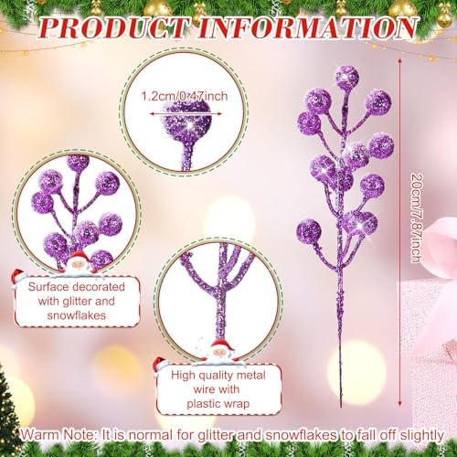 Geosar 30 Pieces Artificial Christmas Berry Picks with Snowflake Glitter Holly Berry Stems for Christmas Tree Ornaments Vases DIY Crafts Wedding Party Holiday Decor(Glitter Purple)