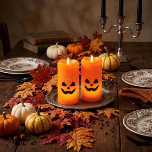 Halloween Pumpkin Flameless Pillar Candles with 6H Timer, 2PCS