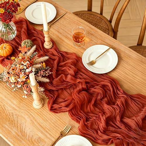 6Pcs Fall Table Runner, 10FT Thanksgiving Cheesecloth Table Runner 35*120inch Terracotta Table Runners for Fall Wedding Baby Shower Friendsgiving Thanksgivig Home Kitchen Table Decorations