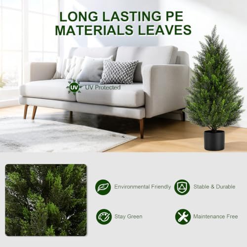 VIVATREES 3FT Artificial Topiary Cedar Trees, UV-Resistant Faux Evergreen Outdoor Plants, Artificial Pine Tree for Outdoor Front Porch Patio Entryway Decor, Set of 2