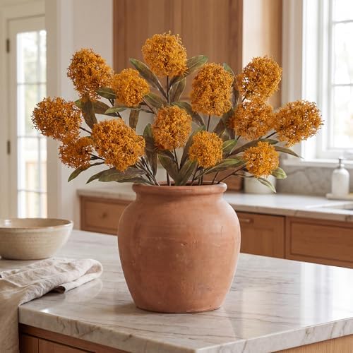 Briful 3PCS Faux Fall Flowers 22.8in Brunt Yellow Skimmia Spray Artificial Flower Branches Fake Fall Skimmia Stems for Autumn Home Vase Floral Arrangement Wedding Party Decor