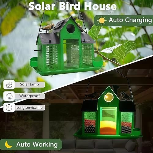 Solar Bird Feeders House for Outside Hanging, Metal Wild Bird Feeder for Outdoors Large Capacity Cardinal Birdfeeder Birdhouses Metal Bird Feeding Station Green