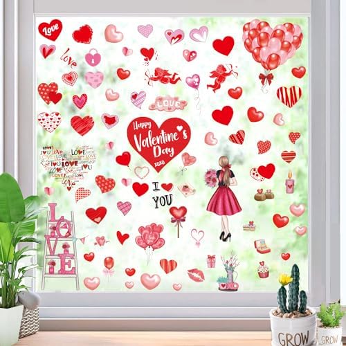 Valentine's Day Hearts Window Clings for Glass Window 7 Sheets 127 Pcs Happy Valentines Day Heart Window Stickers Decals Decorations Party Supplies for Wedding Anniversary Valentines