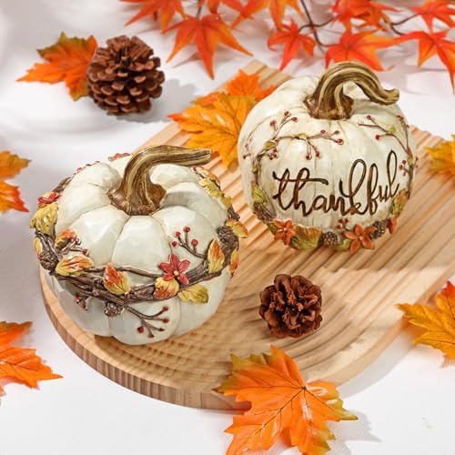 Fall Pumpkin Decor 2Pcs Fake pumpkins White Resin Carved Pumpkin Big Decorative Faux Pumpkins Artificial Pumpkins for Decorating Home Table Farmhouse Mantel Halloween Thanksgiving Harvest Centerpieces