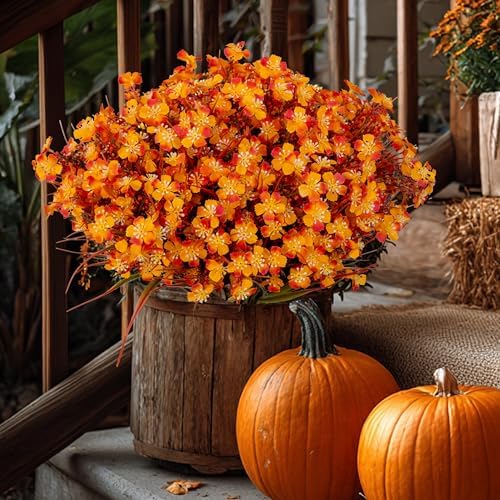 AXYLEX Artificial Fall Flowers Outdoor Fake Mums (Orange, 12 Bundles)