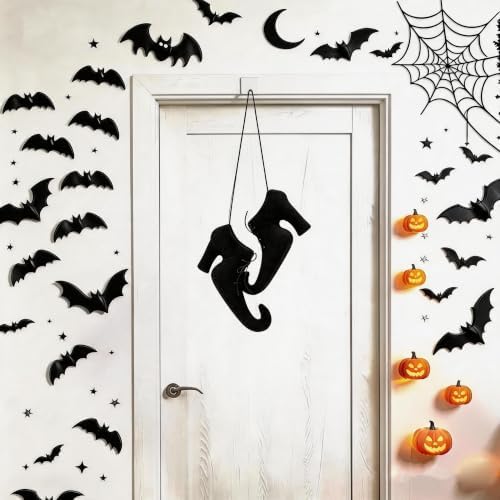 Halloween Witch Shoes Hanging Ornament 3D Witch Boot Decor with 24Pcs Bats
