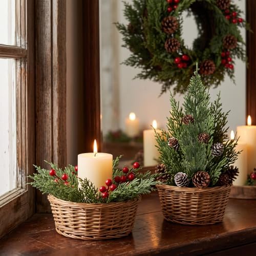 lovemoon 70Pcs Christmas Artificial Pine Stems with Red Berries, Faux Cedar Branches, Fake Christmas Greenery Pine Picks with Berries Stems for DIY Crafts, Garland Wreath & Home Xmas Decor (70)