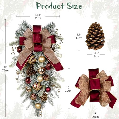 30" Christmas Teardrop Swag for Front Door Artificial Winter Swag Garland with Pine Cones, Berry Clusters, Burgundy Ball Ornaments and Ribbons for Thanksgiving Holiday Christmas Decoration