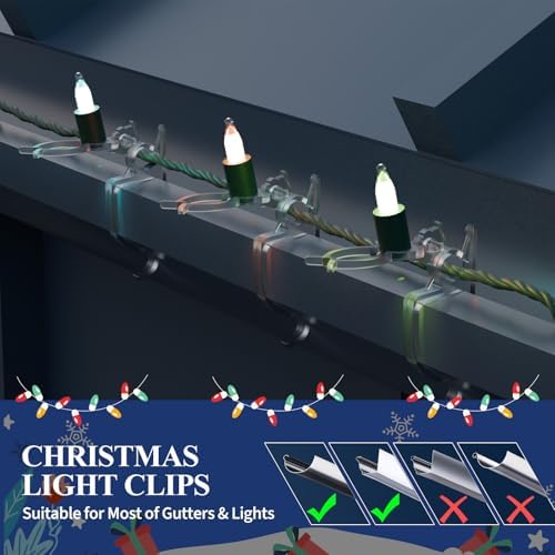 Holiday Light Clips [Set of 200] Christmas Outdoor Light Clips - Mount to Shingles & gutters - Works with Mini, C6, C7, C9, Rope, Icicle Lights - No Tools Required