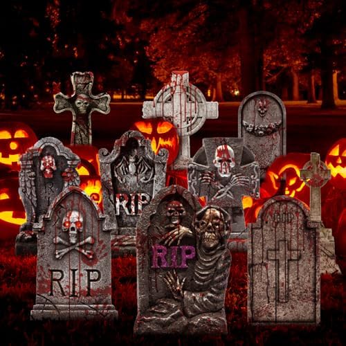 10 Styles Halloween Large Tombstone Gravestones Yard Stakes Decorations 17IN Headstone Outside Signs with Stakes for Halloween Scary Spooky Patio Lawn Yard Garden Cemetery Outdoor Decors