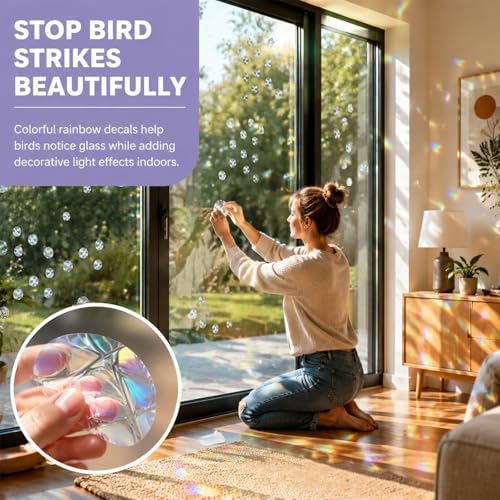 144 Pcs Static Circle Anti-Bird Collision Window Clings, Non Adhesive Prismatic Vinyl Rainbow Suncatcher Stickers, Reusable Window Decals to Prevent Bird Strikes with Scraper