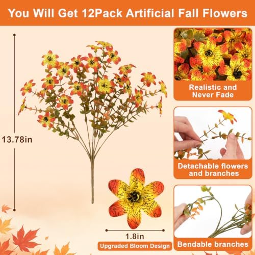 12 Pcs Artificial Fall Flowers for Outdoors, UV Resistant Fake Mums Porch